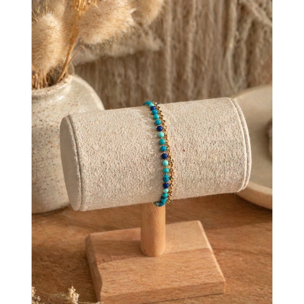 Stainless Steel Gold Blue Beaded Bracelet New